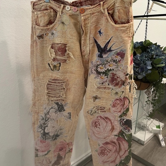 Magnolia Pearl Denim - Magnolia Pearl Pink and Cream Buttoned butterfly Rose Trousers (item 001)